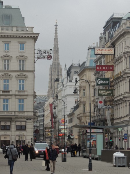 Street with a view of the Stephansturm tower, Vienna, Austria