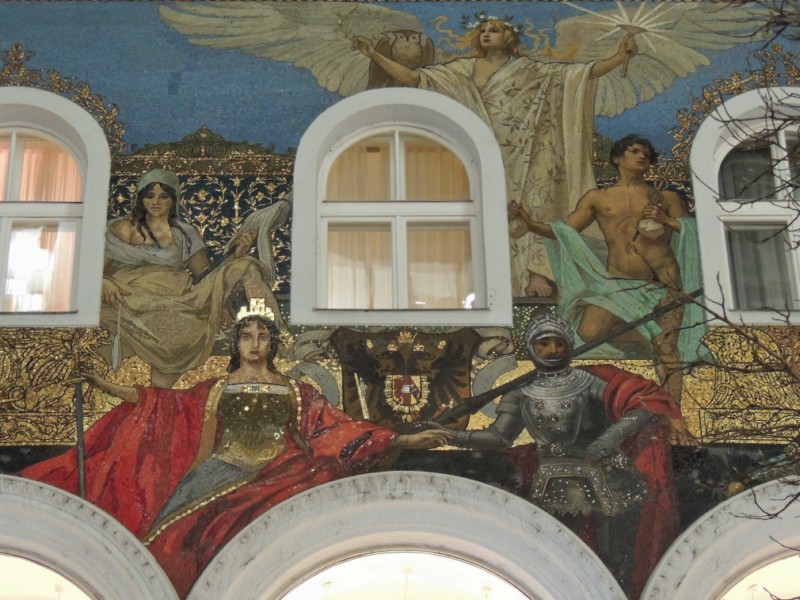 Eduard Veith mosaic on the hotel facade, Vienna, Austria
